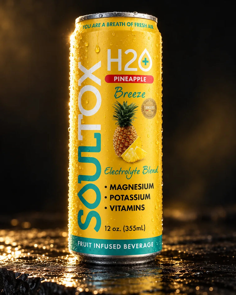 SOULTOX Pineapple Breeze – Fruit Infused Electrolyte Beverage with L-Theanine | Low Sugar Recovery Drink, 12oz Cans (Pack of 12)